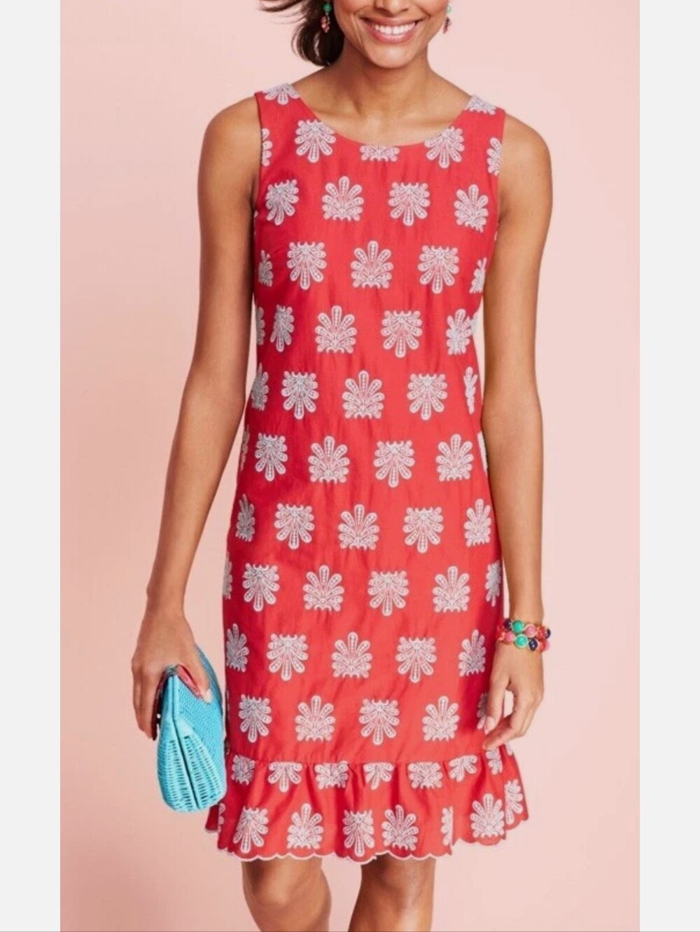 Talbots Tropical Safari Embroidered Shift Dress Size 18 Coral Red